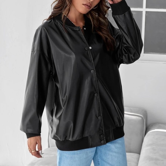 Cozy Vegan Leather Oversized Bomber Jacket - Picture 2 of 5